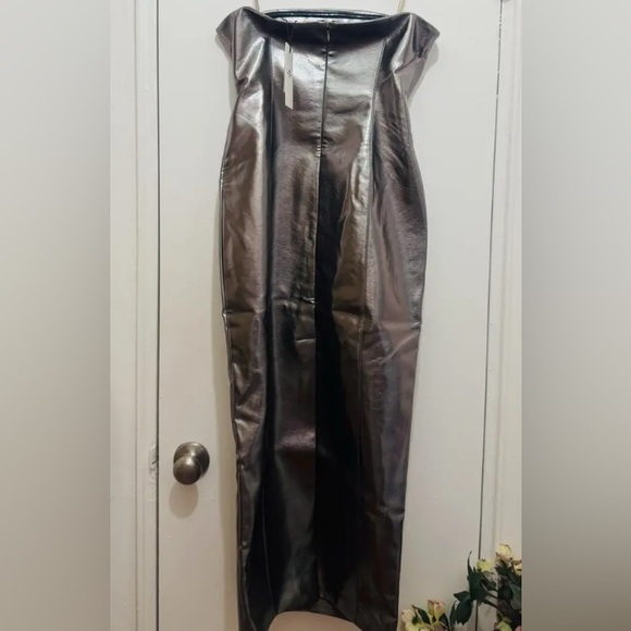 NWT 7 For All Mankind Metallic Faux Leather Bustier Midi Strapless Dress